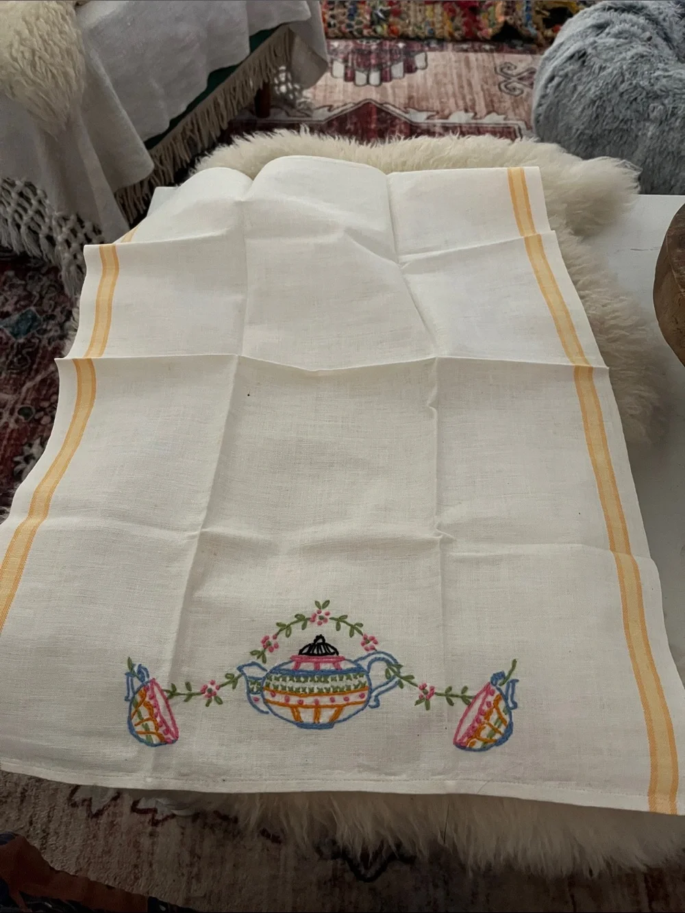 Embroidered White Cotton Tea Towel with Colorful Teapot Motif